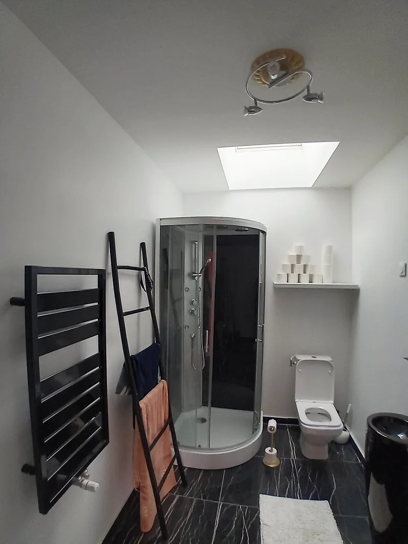 Salle d’eau sous une fenêtre de toit : douche d’angle, sol sombre veiné.